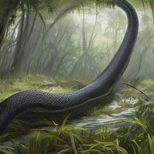 Image similar to a giant anaconda in a dense swamp landscape by ArtStationHQ