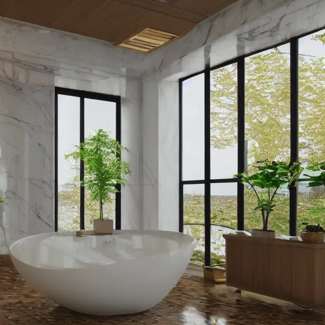 Image similar to marble bathroom interior, bathtub with golden faucet, wood cabinets, marble floor, large window in back with vermont fall foliage river view, large potted plant, realistic, unreal engine render, octane render, hyper realistic, photo, 8 k