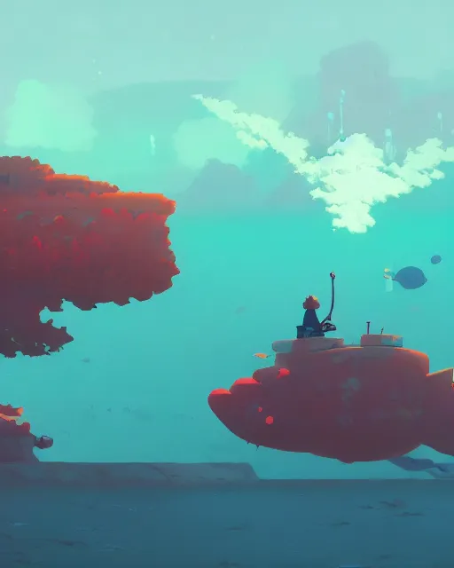 Prompt: a submarine made of red stone, deep water, glowing seaweeds, cory loftis, james gilleard, atey ghailan, makoto shinkai, goro fujita, studio ghibli, rim light, exquisite lighting, clear focus, very coherent, plain background, soft painting