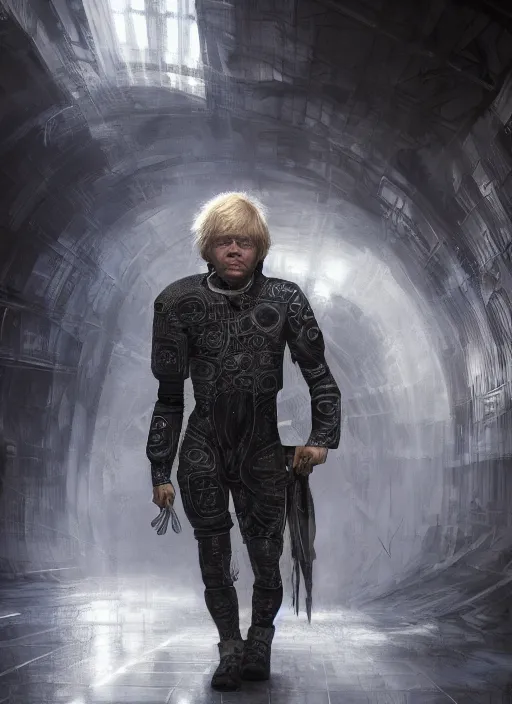 Prompt: ultra realist and ultra intricate detailed soft painting of a metal Putin fighting Boris Johnson in a futuristic hallway, sensual gloomy style, volumetric clouds, artstation, unreal render, depth of field