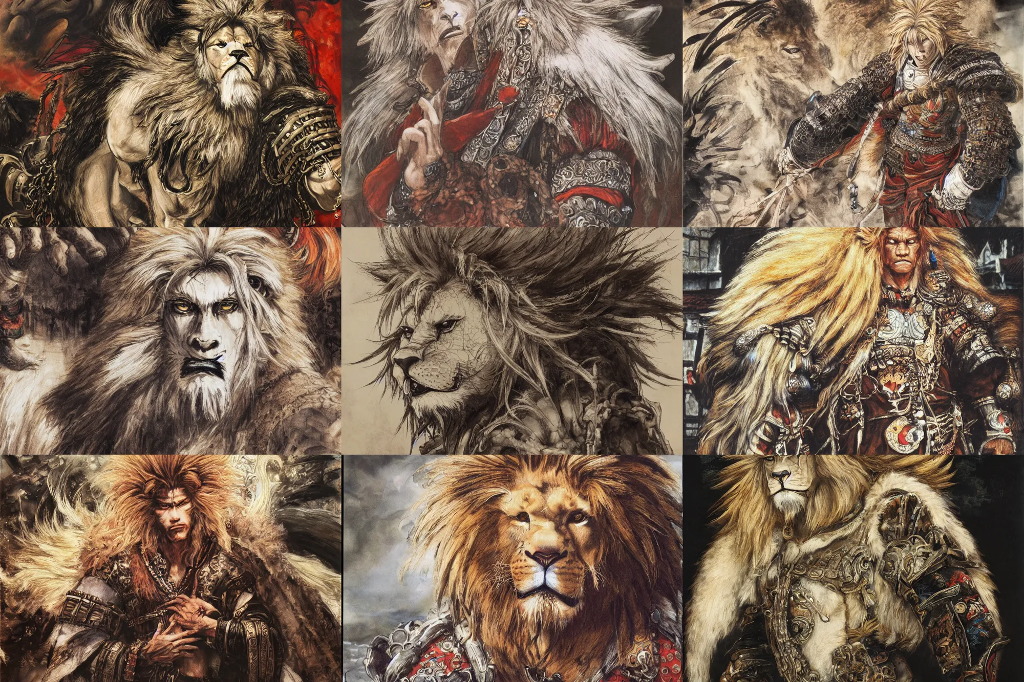 Prompt: 8k Yoshitaka Amano painting of upper body of a young cool looking lion beast-man at a medieval market at windy day. Depth of field. White hair, He is wearing complex tribal clothing. He has huge paws. Renaissance style lighting.