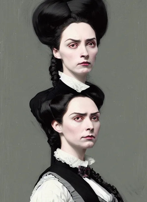 Image similar to a portrait of a woman with a crooked nose in victorian clothing, confident pose, intricate, elegant, sharp focus, illustration, highly detailed, concept art, matte, trending on artstation, anime, art by james jean and artgerm and brian despain and alberto mielgo, greg rutkowski, wlop, ilya kuvshinov, strong strokes