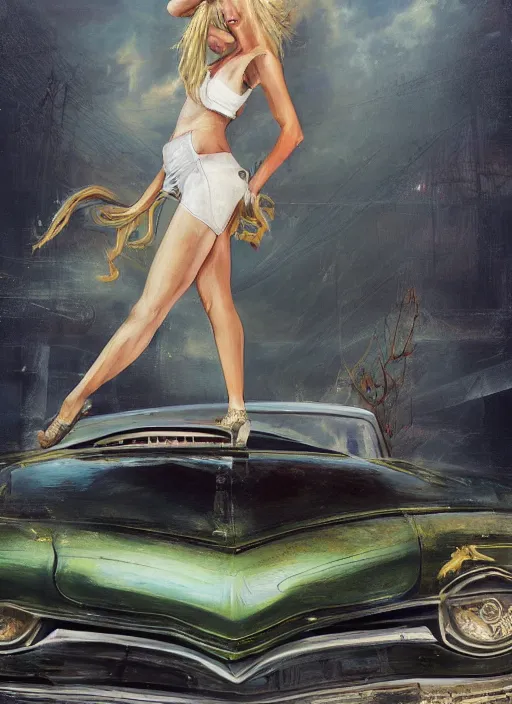Prompt: a Raypunk painting of stunning blonde woman standing on top of a run down car, life like, intricate detail, 4K HD