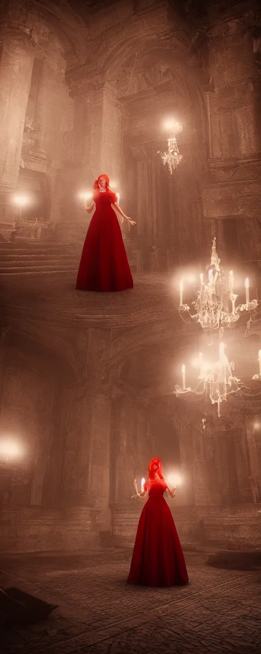 Prompt: woman with red hair and white gown stands in the middle of the castle room emitting a red light. Octane Render, Unreal engine, Realism, Detailed, 8k, V-Ray