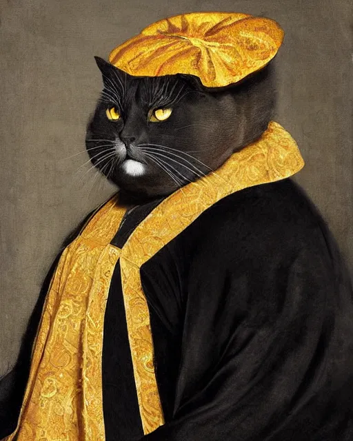 Prompt: fat dark gray cat!! with yellow eyes dressed like henry viii, tudor period robes in scarlet gold black, tudor bonnet, luxurious, opulent, regal, royal portrait, hans holbein the younger, greg rutkowski