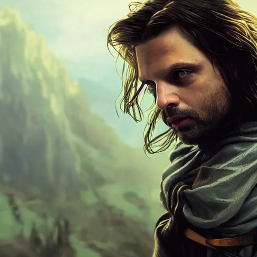 Image similar to sebastian stan as aragorn by leonardo divinci, greg rutkowski, alphonse mucha, mystical cosmic lighting, octane render, artstation, rey tracing, golden ratio, rule of thirds, perfect composition