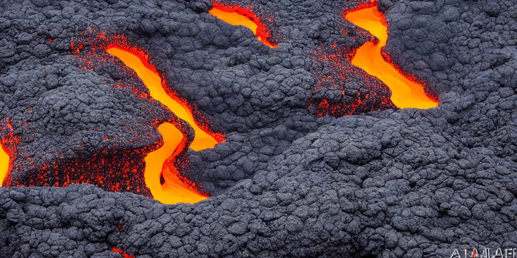 Prompt: old black volcanic lava meets the new bright orange lava on the edge, aereal photo