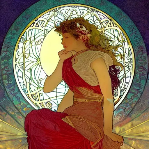 Image similar to sandra oh portrait by louis - theophile hingre and alphonse mucha, realistic, sharp focus, zodiac signs, tarot cards, planets, ethereal, art nouveau, magic, moon, sun, crown, dreamy, royal, jewellery