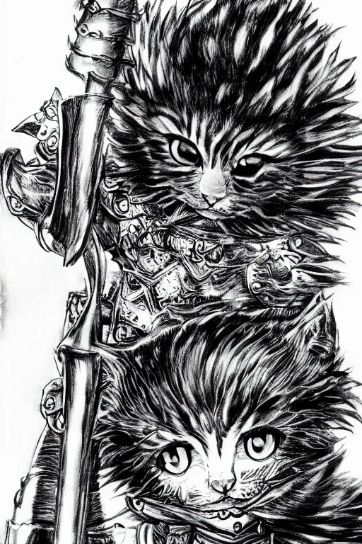 Prompt: Baby Kitten as a knight, highly detailed, black and white, manga, art by Kentaro Miura