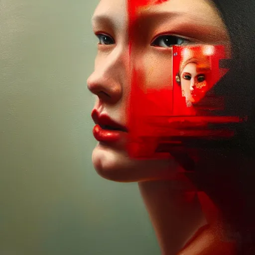 Image similar to 3 d, fashion models looks into the frame, red tears, intricate oil painting, high detail, figurative art, multiple exposure, poster art, 3 d, by tooth wu and wlop and beeple