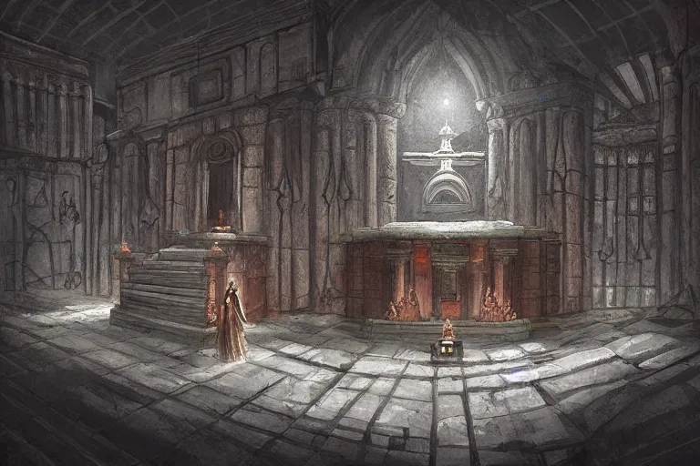 Image similar to “Ancient underground temple in dim lighting, high ceilings, with a hooded cult member facing an altar, concept art, digital painting by Shaddy Safadi”