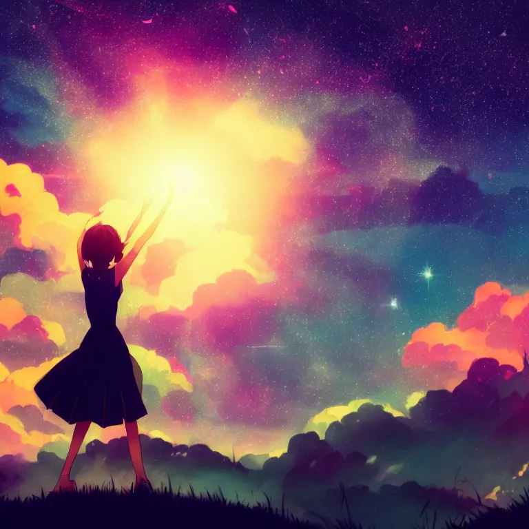 Image similar to a beautiful landscape of a starry sky with an beautiful anime woman waving to the horizon, cinematic, dramatic, color grading, photojournalism, colorful, highly detailed