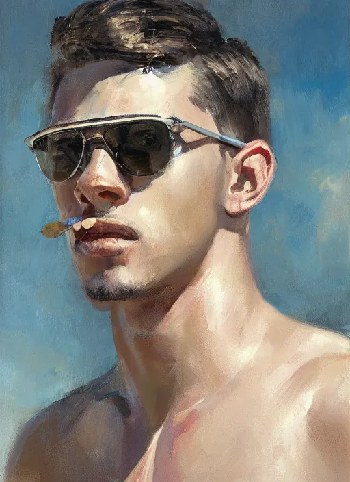 Prompt: painting of a handsome young man with toned muscles wearing aviator glasses and swim shorts, with a small blonde moustache, by Jeremy Mann, stylized, detailed, realistic, warm tones, summer vibes, glistening skin, loose brush strokes