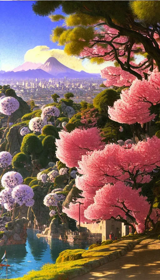 Prompt: ghibli illustrated background of strikingly beautiful west hollywood, california, with strange rock formations acastle is seen in the distance, and red water and cherry blossoms by vasily polenov, eugene von guerard, ivan shishkin, albert edelfelt, john singer sargent, albert bierstadt 4 k