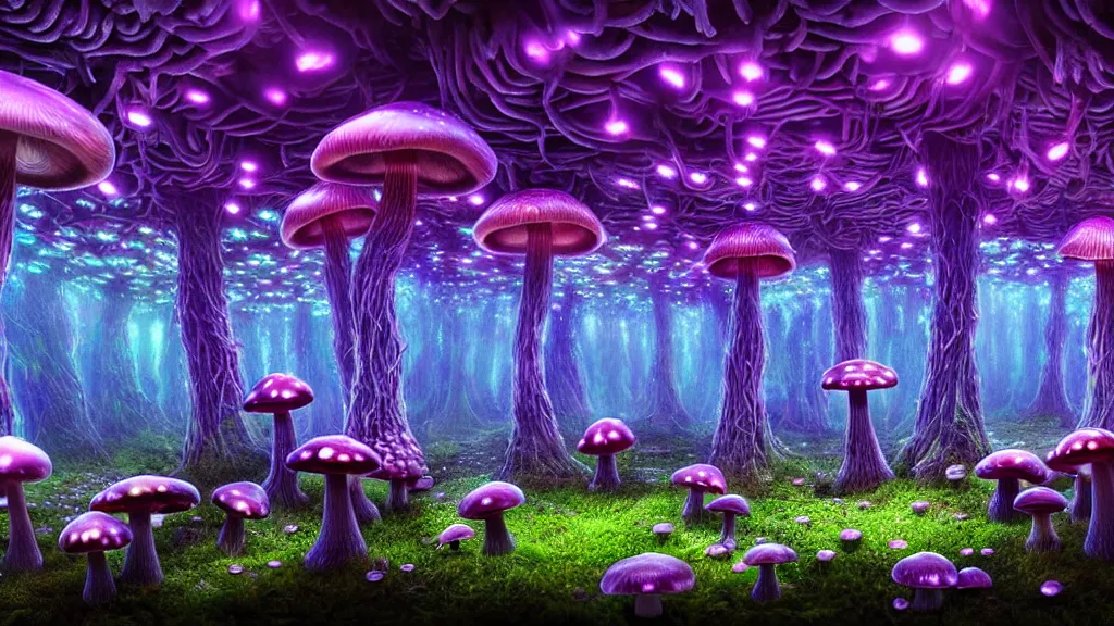 Prompt: exploring a mushroom forest, acid trip, hall of mirrors, ultra-detailed, a hyperrealistic image of a mycelium forest with neon glowing mushrooms, with magical creatures, by tian gan, trending on patreon, artstation, deviantart. Unreal engine