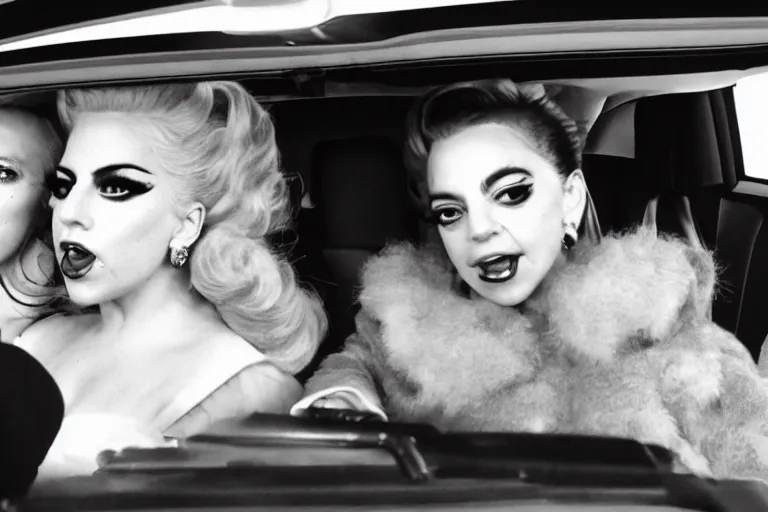 Image similar to carpool karaoke screenshot of lady gaga and judy garland, highly realistic, highly detailed, high resolution, 8 k 4 k,