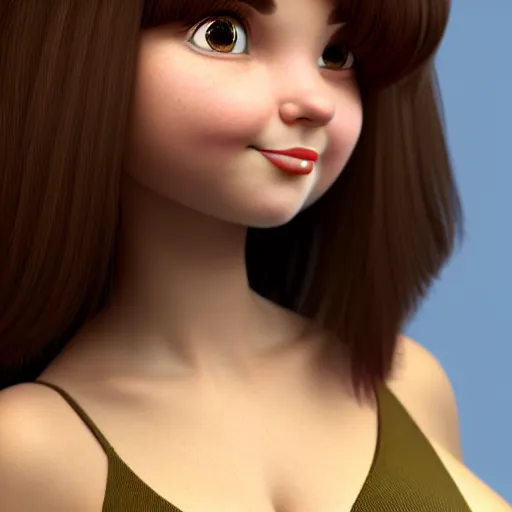 Prompt: A portrait of a plump woman, a cute 3d cgi toon woman with brown hair in a Bob, brown eyes, full face, olive skin, romanian heritage, medium shot, mid-shot, hyperdetailed, 8k, trending on artstation, as a Pixar character