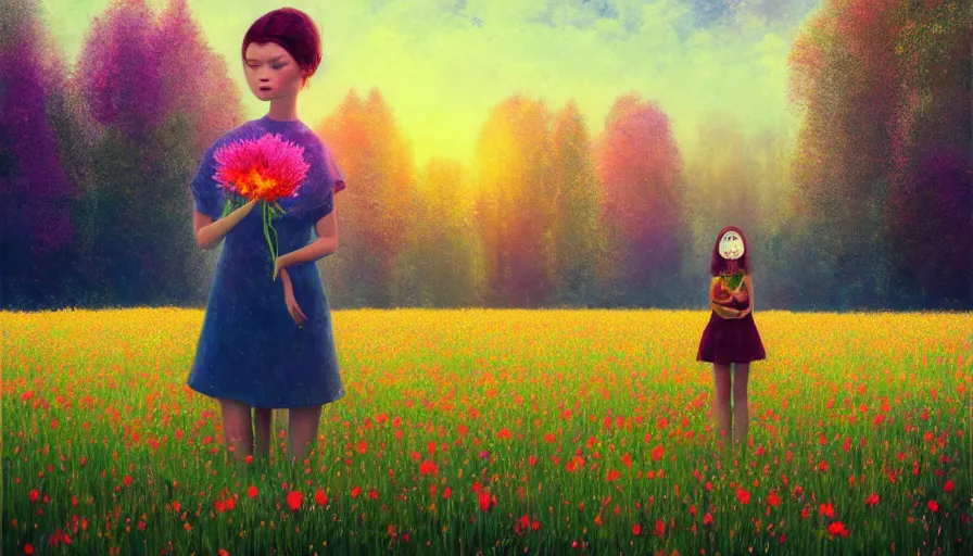 Prompt: girl with a flower face, surreal photography, manipulation, dream, standing in flower field, hills, big trees, sunrise dramatic light, impressionist painting, colorful clouds, digital painting, pointillism, artstation, simon stalenhag, flower