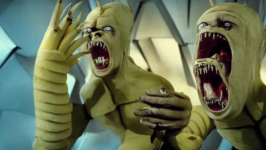 Prompt: giant monsters made of bananas and sharp teeth eating people, star trek, film still from a movie directed by Denis Villeneuve with art direction by Salvador Dalí, wide lens