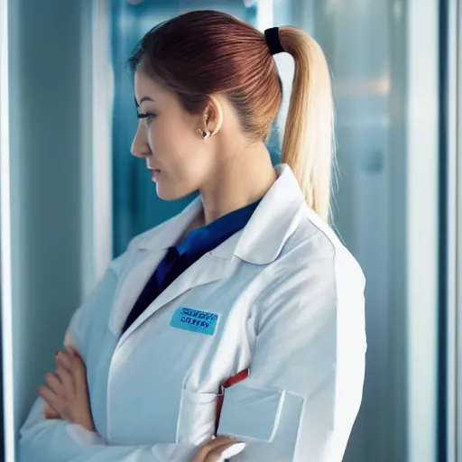 Image similar to full body profile of cute female nurse, blond hair. ponytail, white coat, in an elevator, daniel kim, tight focus, 2 5 mm lense
