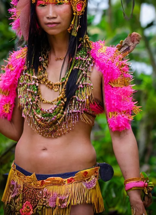 Image similar to portrait of female amazon warrior wearing pink kebaya in bali, by charlotte grimm, natural light, detailed face, canon eos c 3 0 0, ƒ 1. 8, 3 5 mm, 8 k, medium - format print