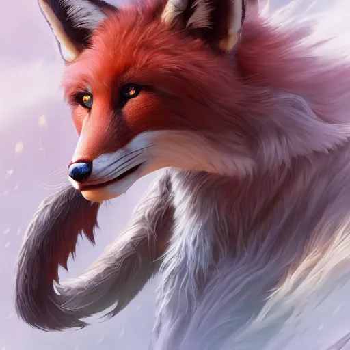 Prompt: A portrait of full-body a magnificent giant fox with 8 tails， full of details, CGI, smooth，trending on cgsociety and artstation，8kHDR，light effect