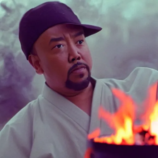 Prompt: cinematic film still of Timbaland starring as a Japanese Sensei with fire, Japanese CGI, VFX, 2003, 40mm lens, shallow depth of field, film photography