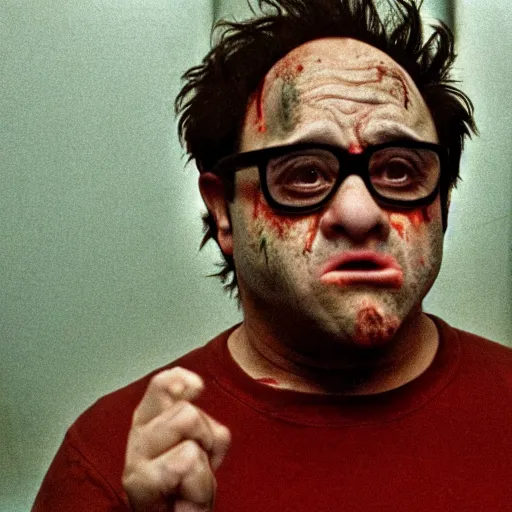 Prompt: zombie danny devito in fight club, anamorphic lens, cinestill colour