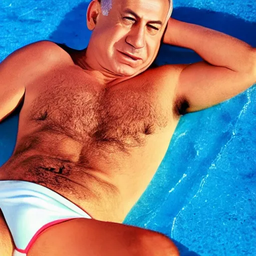 Prompt: benjamin netanyahu lying on the beach wearing a bikini, rich vivid colors, vibrant, warm, sharp focus, highly detailed