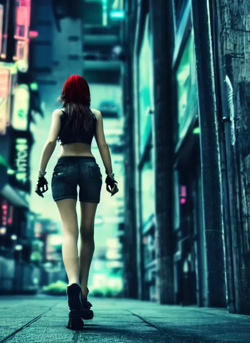 Prompt: beautiful photo of a beautiful woman walking through a ( ( ( cyberpunk city ) ) ), full body, hyper realistic, 8 k, dslr, 3 mm, highly detailed photograph