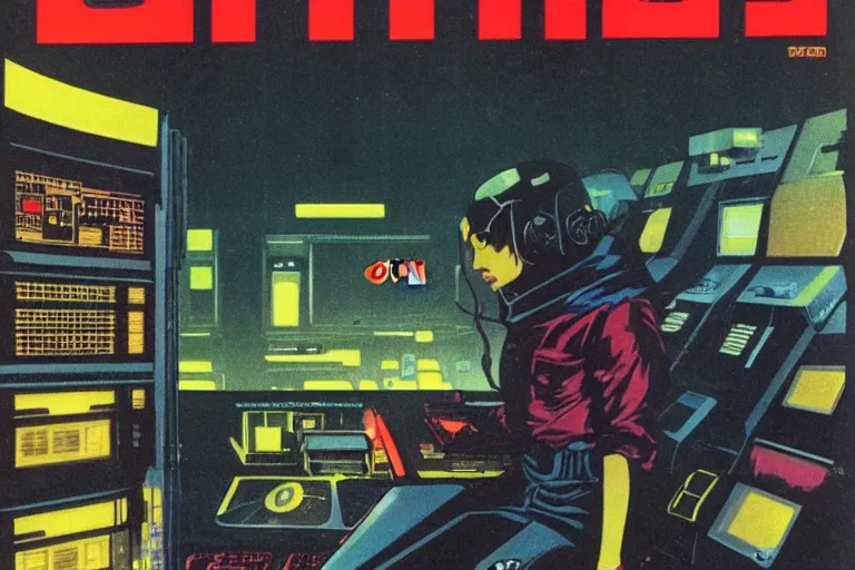 Image similar to 1979 OMNI Magazine Cover depicting a man hooked up to large computer banks. Cyberpunk Akira style by Vincent Di Fate