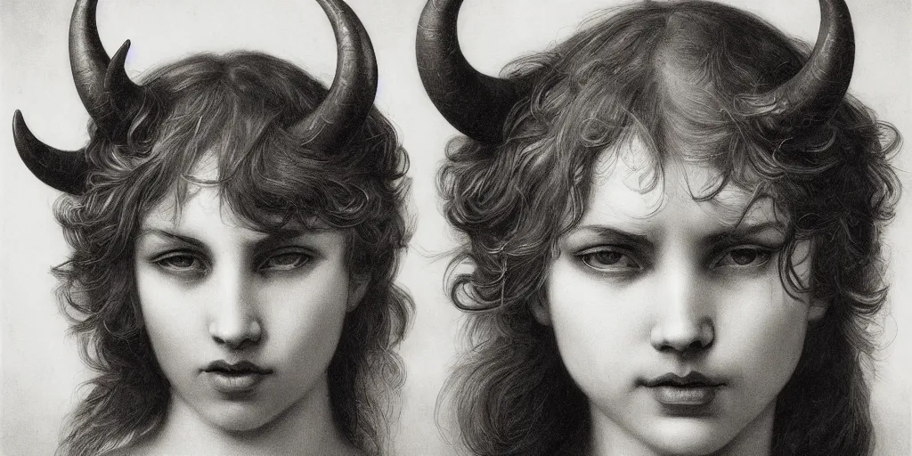Image similar to highly detailed symetric black and white photography of a face with pointed horns, beautiful, dark, masterpiece, art by durero, goya, rubens, riccardo federici, roberto ferri, james jean, illustration