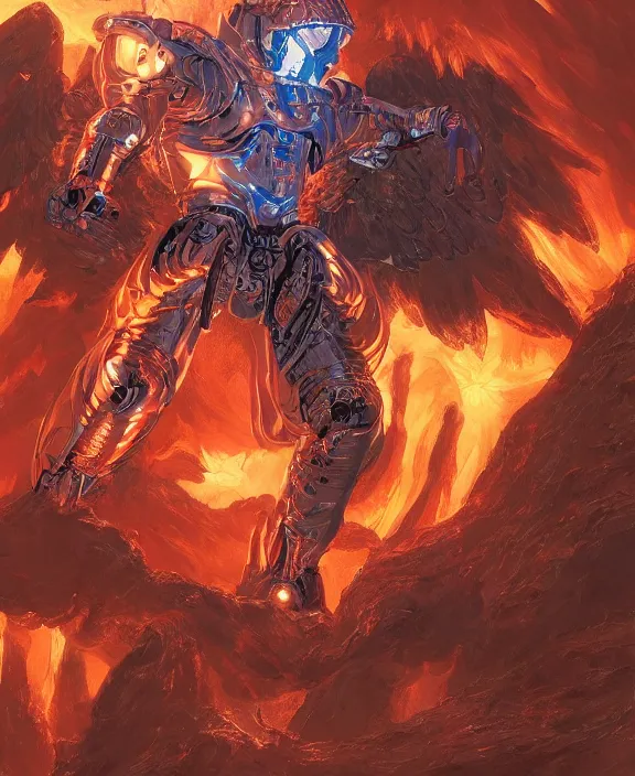 Prompt: a highly detailed 4 k concept art of a fiery angel in a futuristic battle suit pointing directly at the viewer by moebius