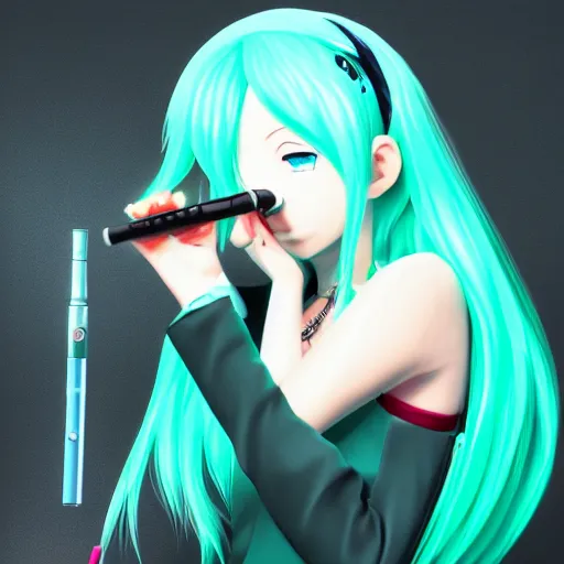 Image similar to hatsune miku smoking weed with a vape pen, smoke coming out of her mouth, bloodshot eyes, artstation, 4 k