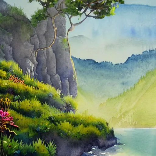 Prompt: detailed watercolor of a lush natural scene on an alien planet by stephen wong. beautiful landscape. weird colourful vegetation. cliffs and water.