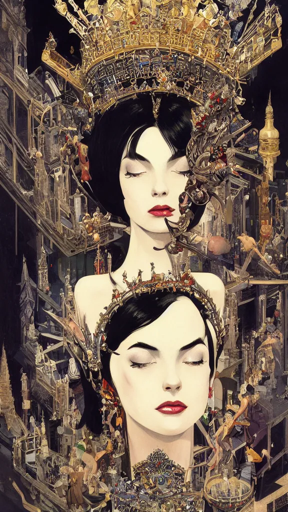 Image similar to a beautiful black haired woman with pale skin and a crown on her head sitted on an intricate metal throne new york circa 1 9 8 4 edward hopper and james gilleard, surreal, open ceiling, highly detailed, airbrush, ilya kuvshinov, wlop, stanley artgerm, very coherent, art by takato yamamoto and james jean