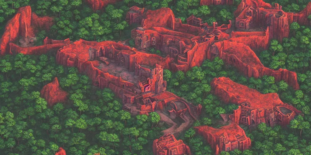 Prompt: infographic map of beautiful Hyperrealistic red stone castle on top of a volcano in the middle of a dark volcanic scary jungle, smaller colorfull shacks surround, macro lens, shallow depth of field, highly detailed, digital painting, trending artstation, concept art, illustration, cinematic lighting, vibrant colors, photorealism, epic, octane render