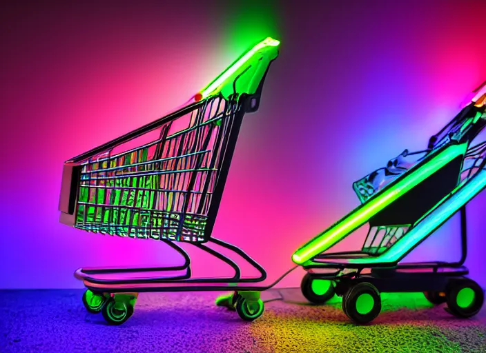 Image similar to gamer shopping cart, rgb neon lights, high resolution, high detail, 8 k