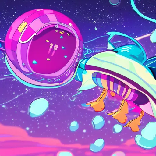 Prompt: Cartoon network Steven Universe design of a cute damaged spaceship shaped like a mechanical jelly fish flying in hyperspace, beautiful clear detailed 8k digital art, final render