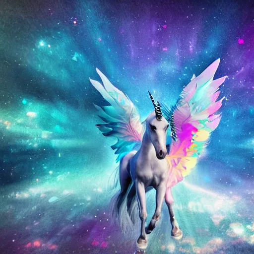 Image similar to 8 k capture scan of a iridescent unicorn with wings dancing in a garbage dump, the sky has the milky way, high textured, conceptual, intricate detailed photography, illustration sharp