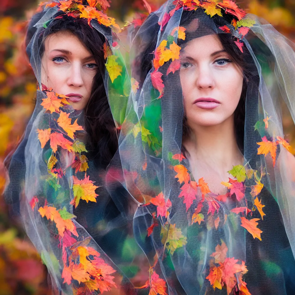 Prompt: highly detailed colorful and playful portrait fashion photography of a gazing face, wearing a widow's veil, in autumn, 105mm f2.8