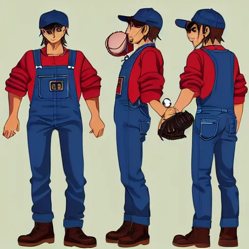 Prompt: Anime Hillbilly American wearing overalls and a baseball cap, character design, highly detailed, high quality, full body shot