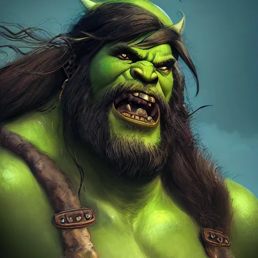 Image similar to Portrait of a warcraft orc, green skin, black beard, bald, fierce and wild look, mattepainting concept Blizzard pixar maya engine on stylized background splash comics global illumination lighting artstation lois van baarle, ilya kuvshinov, rossdraws