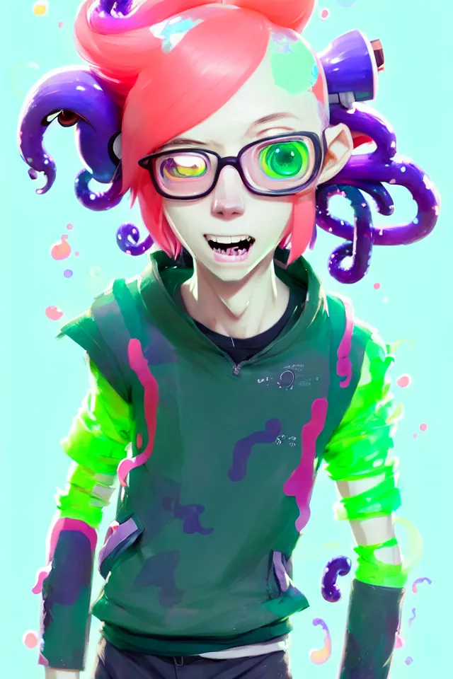 Image similar to a beautiful fullbody portrait of a cute splatoon anime boy with pink hair and green eyes wearing sports clothing tight leggings. character design by cory loftis, fenghua zhong, ryohei hase, ismail inceoglu and ruan jia. artstation, volumetric light, detailed, photorealistic, fantasy, rendered in octane