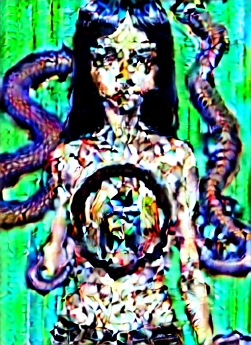 Image similar to richly detailed colored pencil 3D illustration of a beautiful woman with silky straight black hair with iridescence wearing a Nirvana band Tshirt and short black shorts, she staring at the camera happily while being surrounded by slimy tentacles, art by Range Murata and Artgerm.