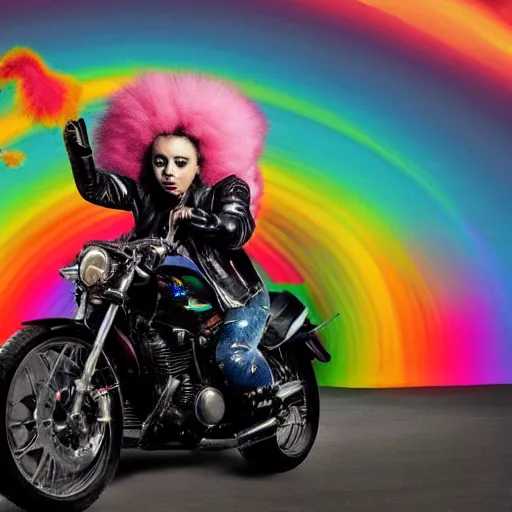 Image similar to wide angle full body, jacket wearing fluffy cute rainbow kitten wearing a black leather motorcycle jacket, cinematic concept art