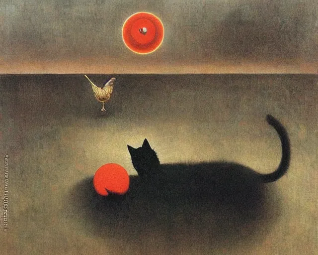 Prompt: black cat observing critical change from far away and above by carrington, bosch, beksinski, dali, barlowe, magritte