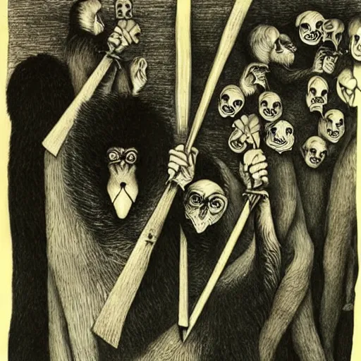 Image similar to clever monkeys with very long knives, very detailed, and colorful by Santiago Caruso, by M.C. Escher, by Edward Gorey, beautiful, eerie, surreal, psychedelic