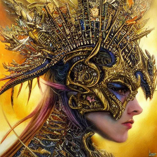 Prompt: colorful bird, golden crown, from overlord, close up, fantasy, intricate, elegant, highly detailed, digital painting, artstation, concept art, sharp focus, illustration, art by luis royo, wayne barlowe, kirsi salonen, asya yoranova and alan lee