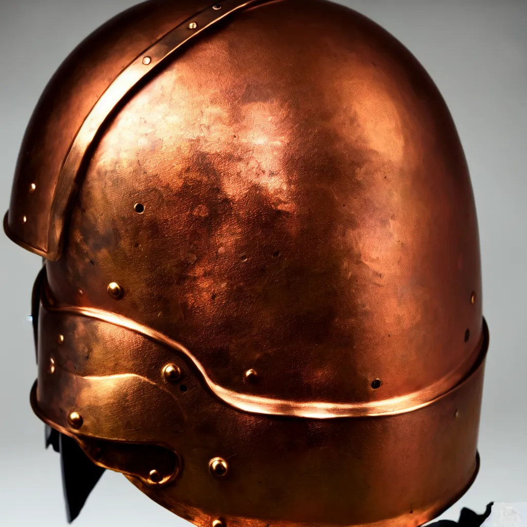 Prompt: a photo of a duel knight's helmet that is made of copper and gold, beautiful ornated details